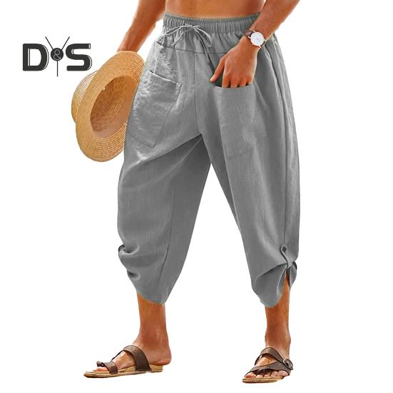 

Мужские укороченные брюки с эластичной талией, однотонные, со шнурком, мягкие, дышащие, повседневные, с накладными карманами, длиной до середины голени, пляжные брюки L серый