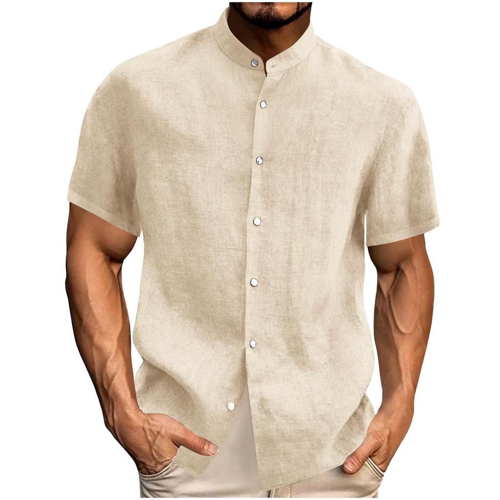 Top Casual Uomo alla Moda Colore Girocollo Manica Corta Bottoni Ampio Cotone e Lino
