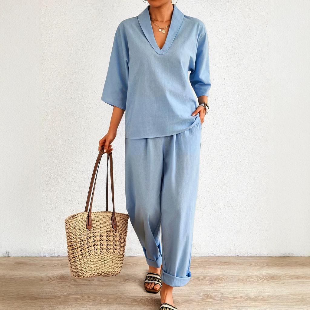 Spring and summer European and American style V-neck short-sleeved suit fashionable casual wide-leg pants suit