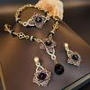 Fashionable Retro Style Double-Layer Camellia Polygonal Glass Inlaid Zircon Necklace Bracelet Earring Jewelry Set