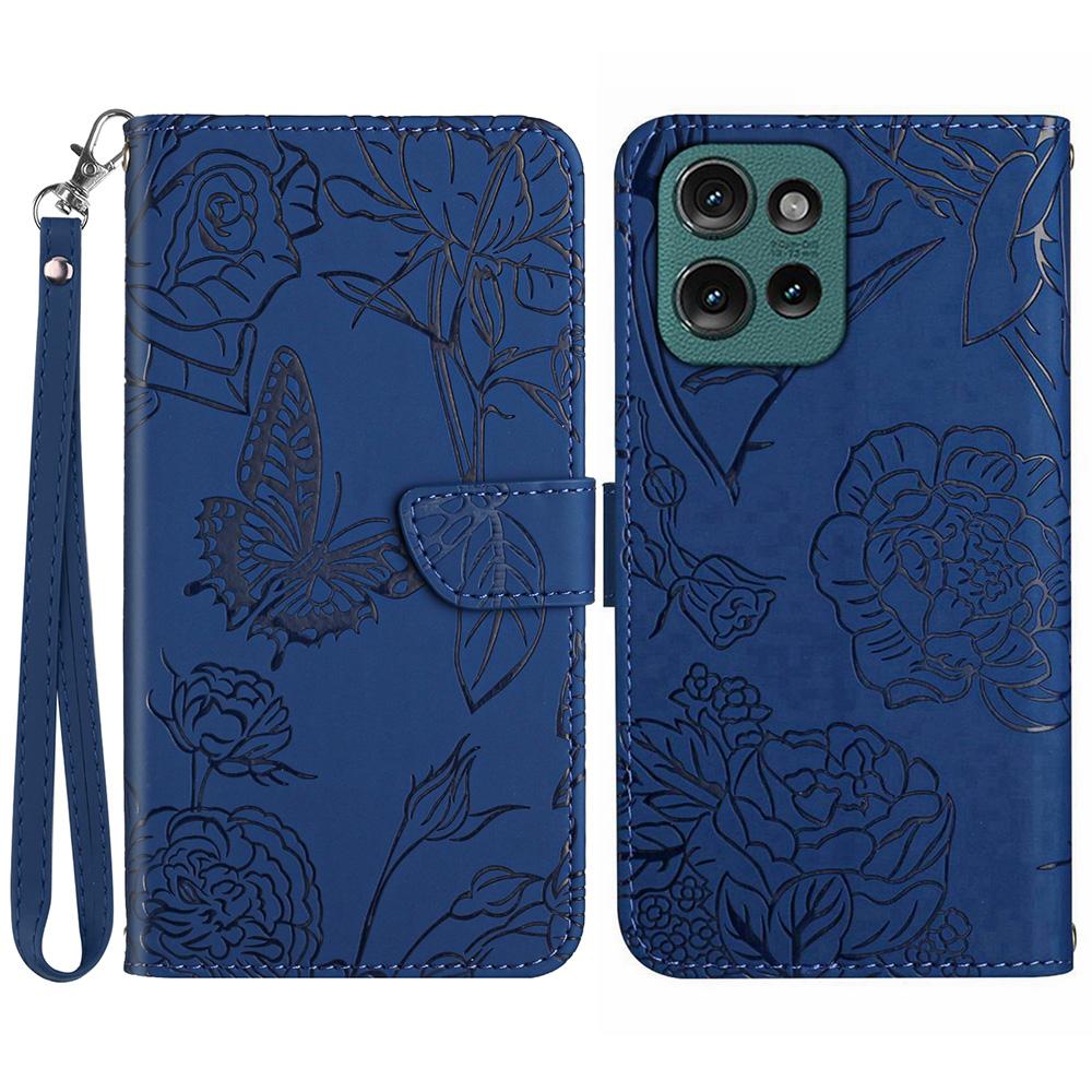 

HT03 For Motorola Edge 50 Neo 5G/Moto S50 5G/Thinkphone 25 5G Case Butterfly Flower Imprint Leather Phone Cover with Strap Blue
