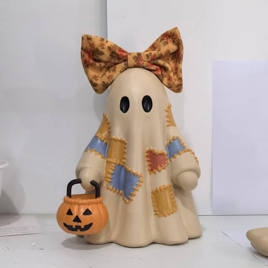 Resin Figure Halloween Decor - Tie Holding Pumpkin Statue for Desktop Shelf Decoration