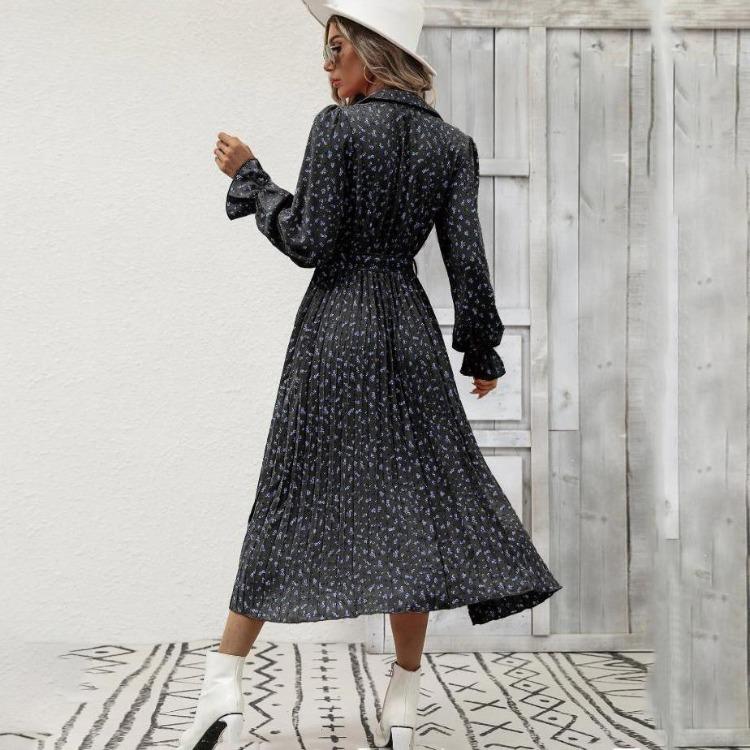 Women Casual Floral Print Long Sleeve V Neck A Line High Waist Ankle Length Dress