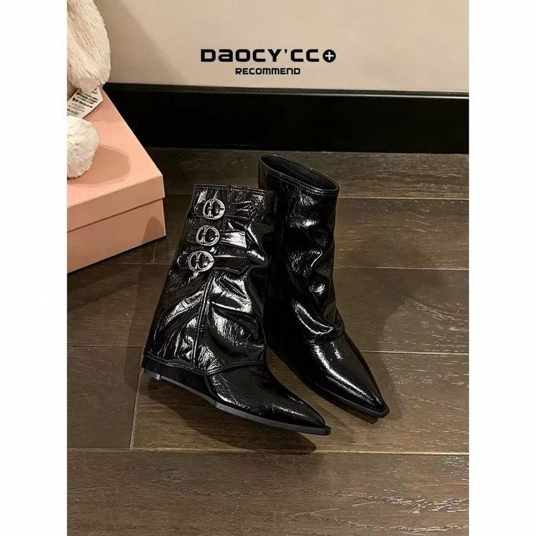 Heel pointed pleated belt buckle wedge heel fashionable stacked pants tube leather boots new boots boots women's inner height increase women