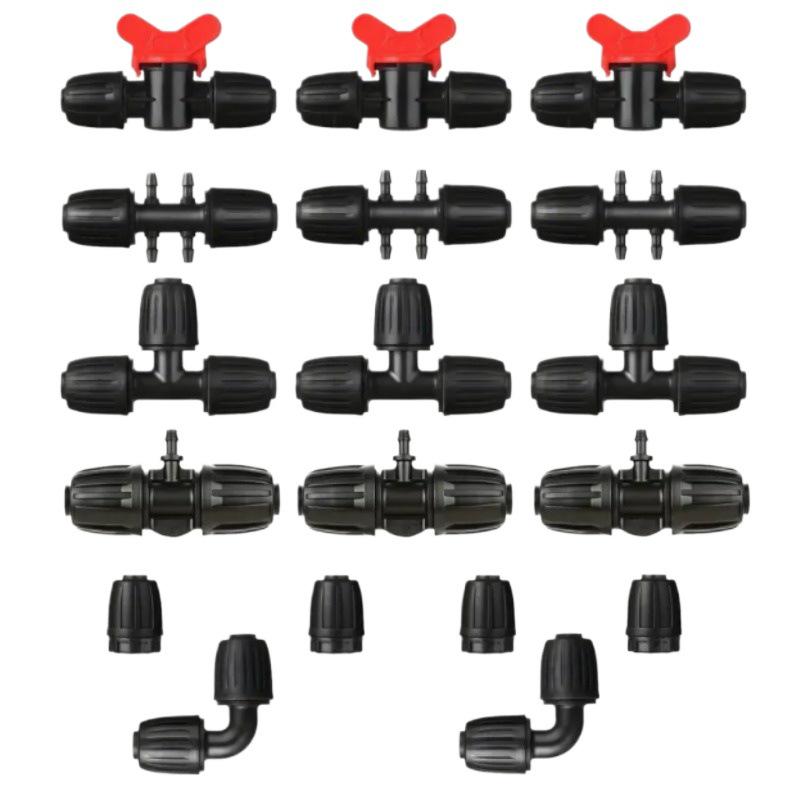 16mm PE Pipe Water-Saving Irrigation Fittings: 4-Point Hose, Valve, Reducing Tee, Six-Way Plug, Elbow Connector