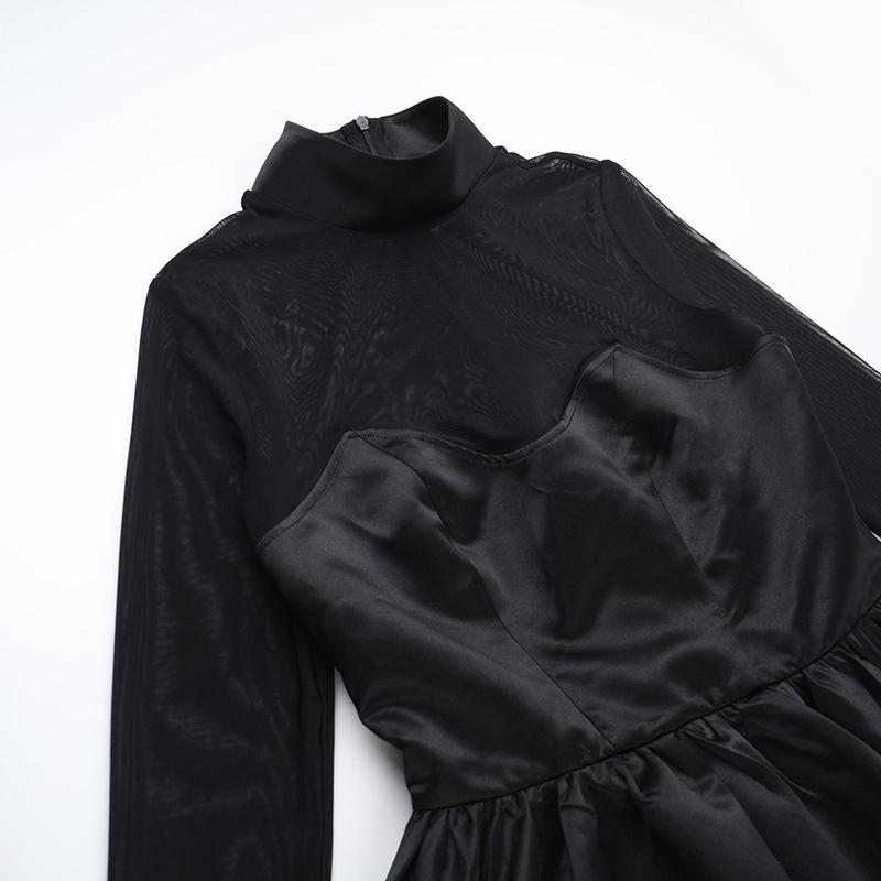 Women Black Satin Mini Dress High Neck Mesh Sleeve Bubble Hem Evening Party Elegant Formal Wear Slim Fit Cocktail Attire