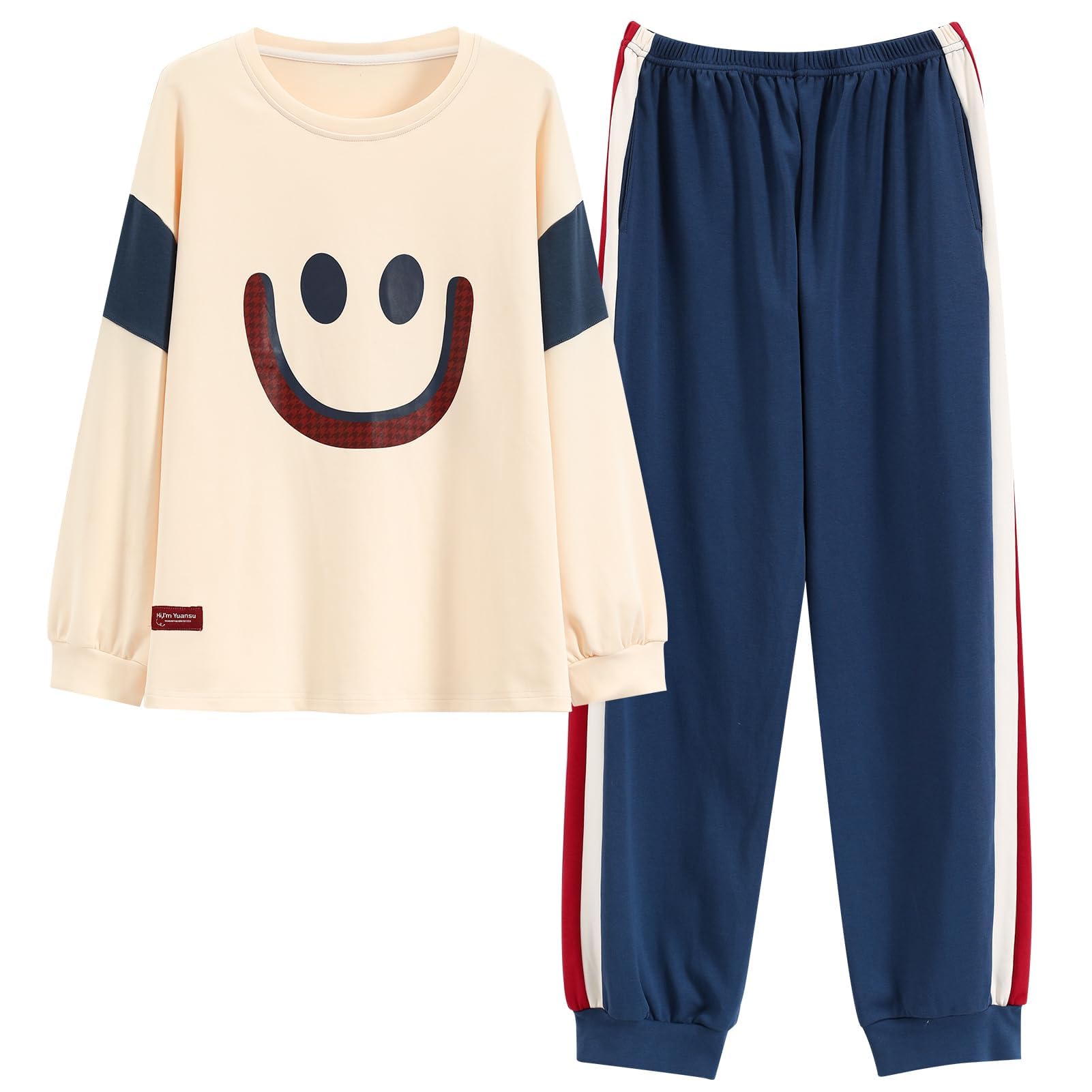 

NANJUN Cotton Long Sleeves and Crew Women s 100% Pajamas, Pants, 2-Piece Set, Neck, Loungewear, Sleepwear, Nightwear, Spring/Autumn (sy014-smiling