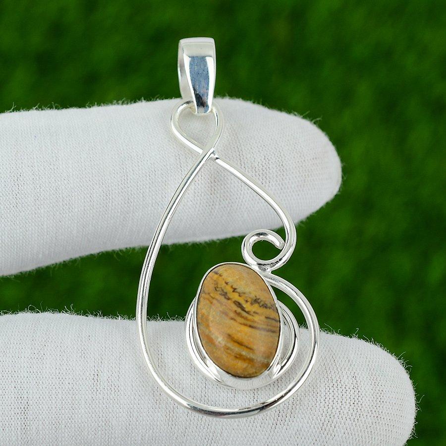 

Birthday Gift For Her Natural Picture Jasper Gemstone Pendant 925 Silver
