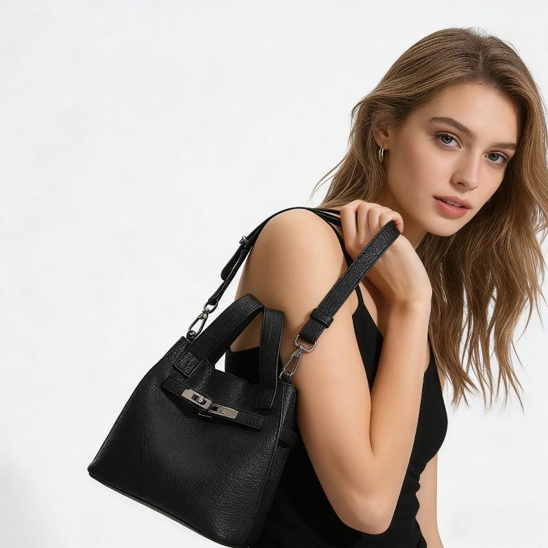Simple commuter handbag bag female, new niche design lychee pattern messenger bag light luxury versatile bucket bag
