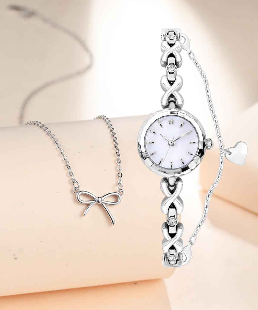 Pogseubagenwachi White Stone Layered Heart Bracelet & Watch, Silver 925 Necklace Set, Free Engraving With Cheering Message