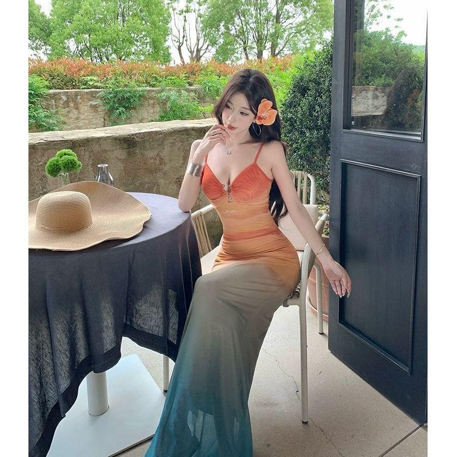 Sunset Skirt Beautiful Smudge Gradual Change Swimsuit Women's Bikini Thailand Sanya Seaside Vacation Bag Arm Fishtail Dress