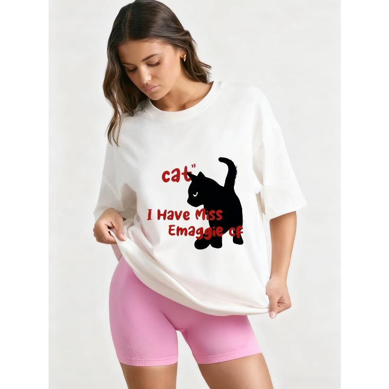 Oversized T-Shirt Black Cat Graphic Print I Have Miss Emaggie CF Statement Design Casual Streetwear Fashion Top Women Summer Outfit