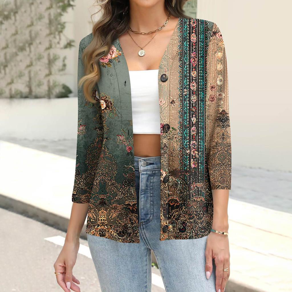 Women's Fashion Casual Printing Button-down Shirt 3/4 Long Sleeve Tops