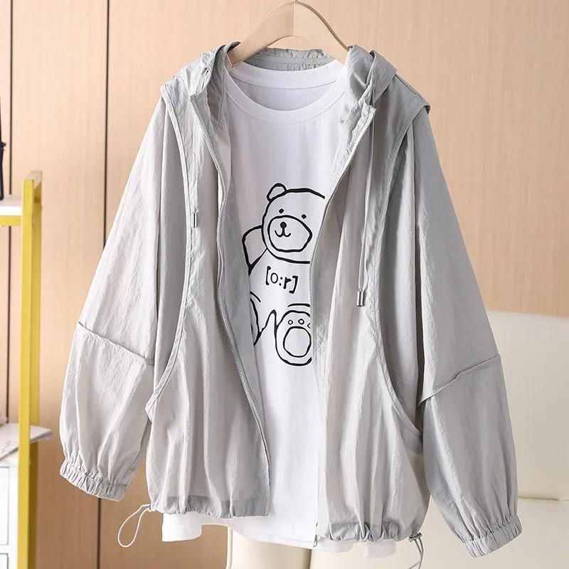Simple Female Summer Leisure Versatile Hooded Sunscreen Tops  Jacket Women Solid Color Loose Fit Hooded Sunscreen Flothing Coat