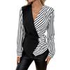 New Autumn Casual Commuter Style Top, Long-sleeved, Cinched Waist, Striped and V-neck Shirt for Women