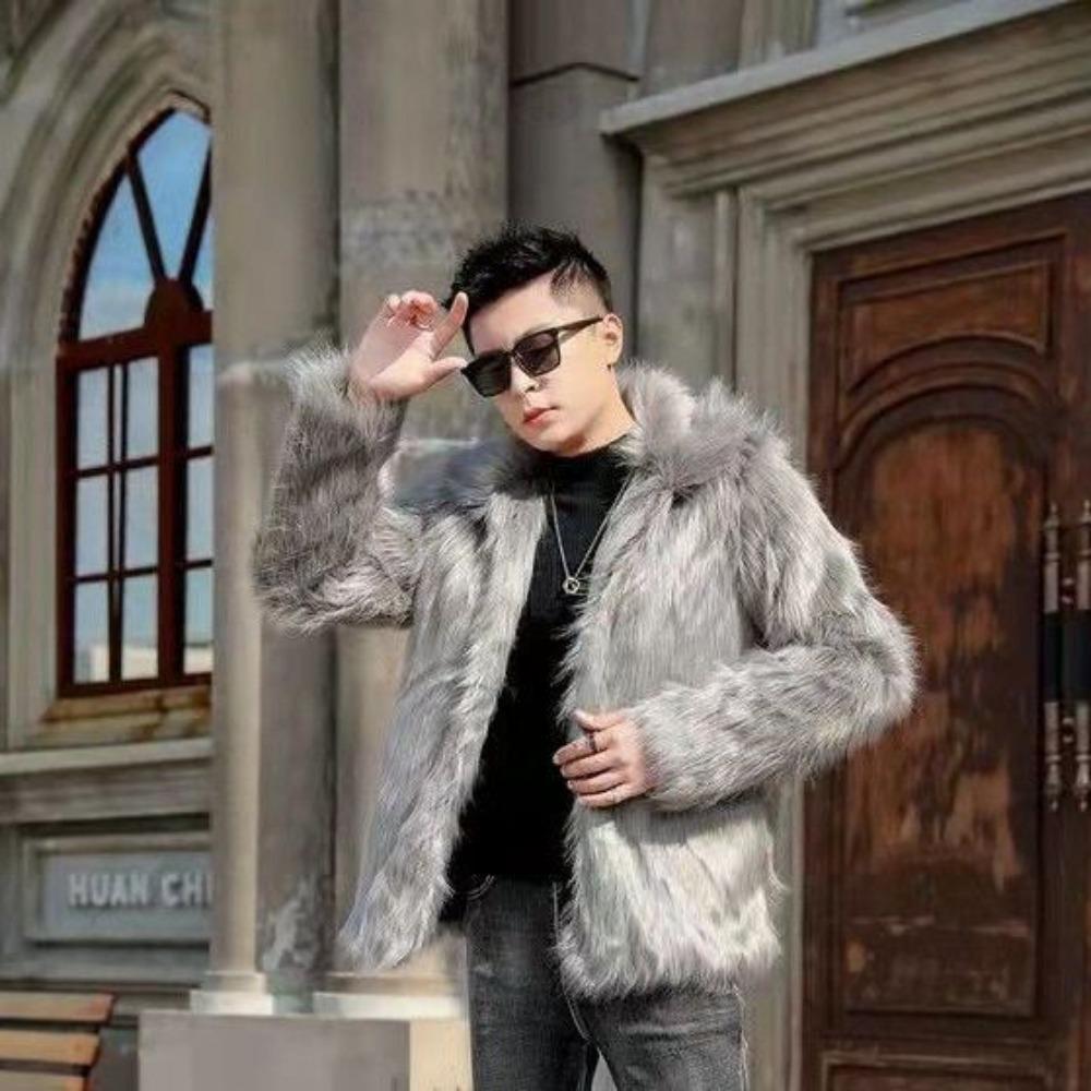 

New Men s Imitation Fox Fur Coat Fashionable Handsome Plush Leather Jacket Cotton-padded Jacket Warm Autumn and Winter Clothing S сірий колір