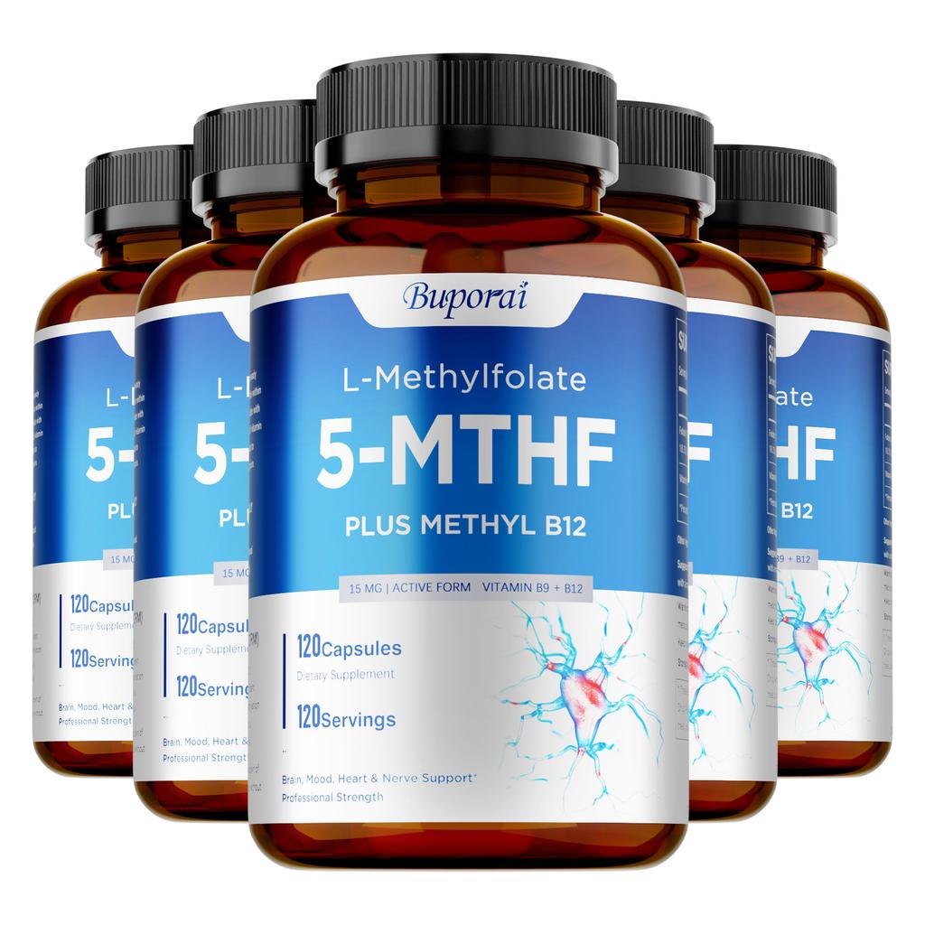 Buporui L-Methylfolat 5-MTHF Kapseln mit Methyl-B12, Aktives B-Vitamin-Nahrungsergänzungsmittel zur Unterstützung der Methylierung & des täglichen Wohlbefindens