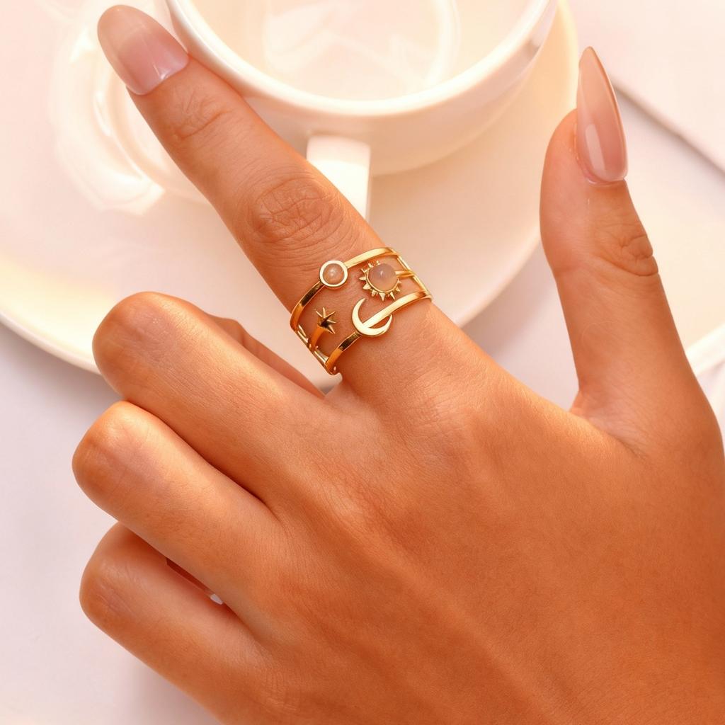 Natural Stone Turquoise Star Sun Multi Layers Stainless Steel Open Rings for Women Aesthetic Finger Jewelry Waterproof