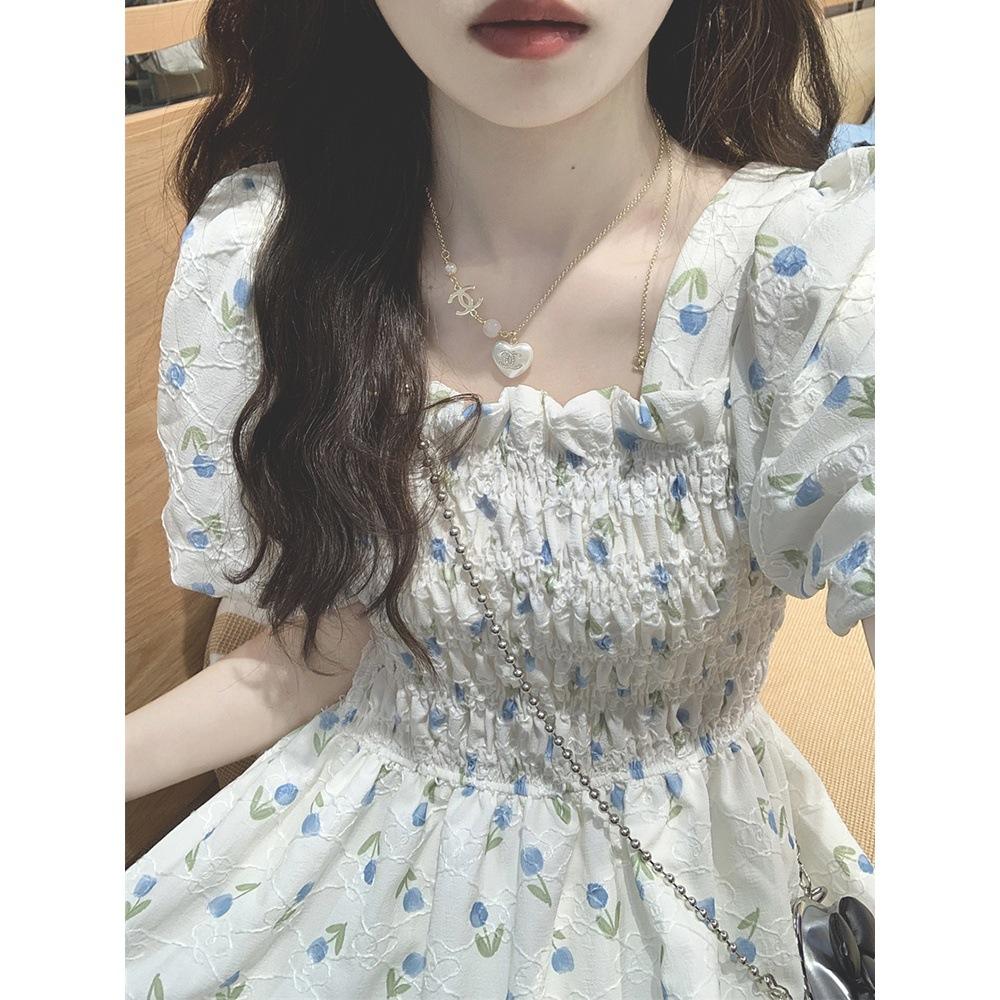 Square collar floral dress women's summer new small Mori super fairy small fresh and thin medium and long skirt