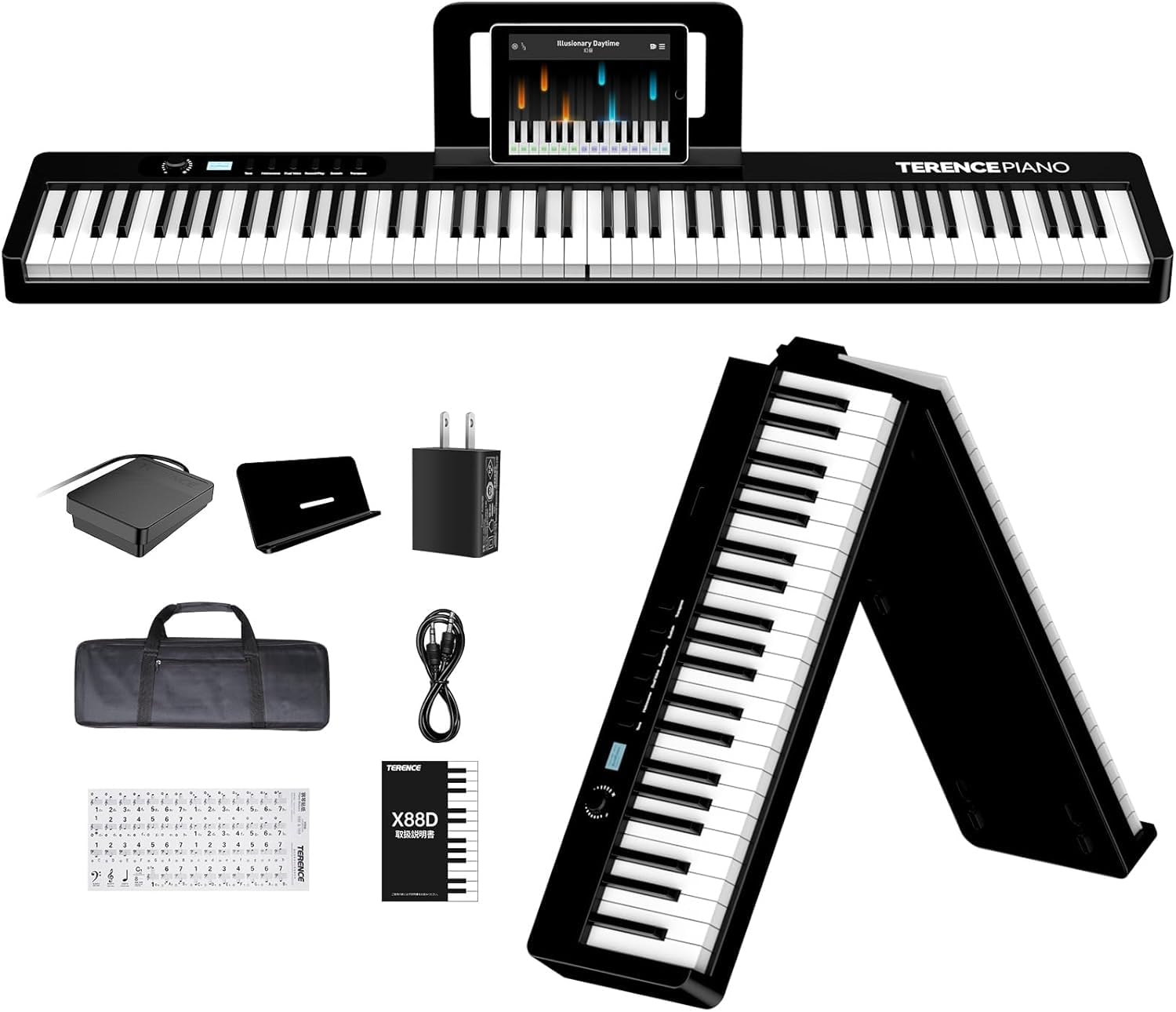 

Цифровое пианино TERENCE X88D, 88-клавишная складная клавиатура, перезаряжаемое, размер клавиш как у акустического пианино, MIDI-функция, двойные тембры, метроном,