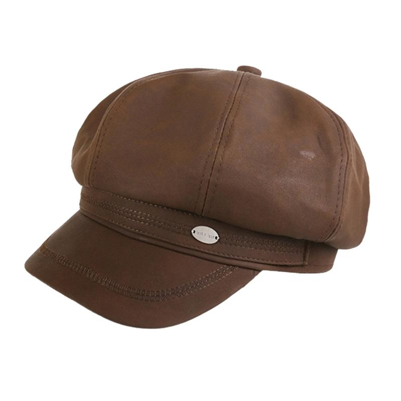 

Vintage PU Leather Hat for Girls Fashion Distressed Octagonal Hat Teens Girl Newsboys Caps Winter Autumn Head Accessories кофейный
