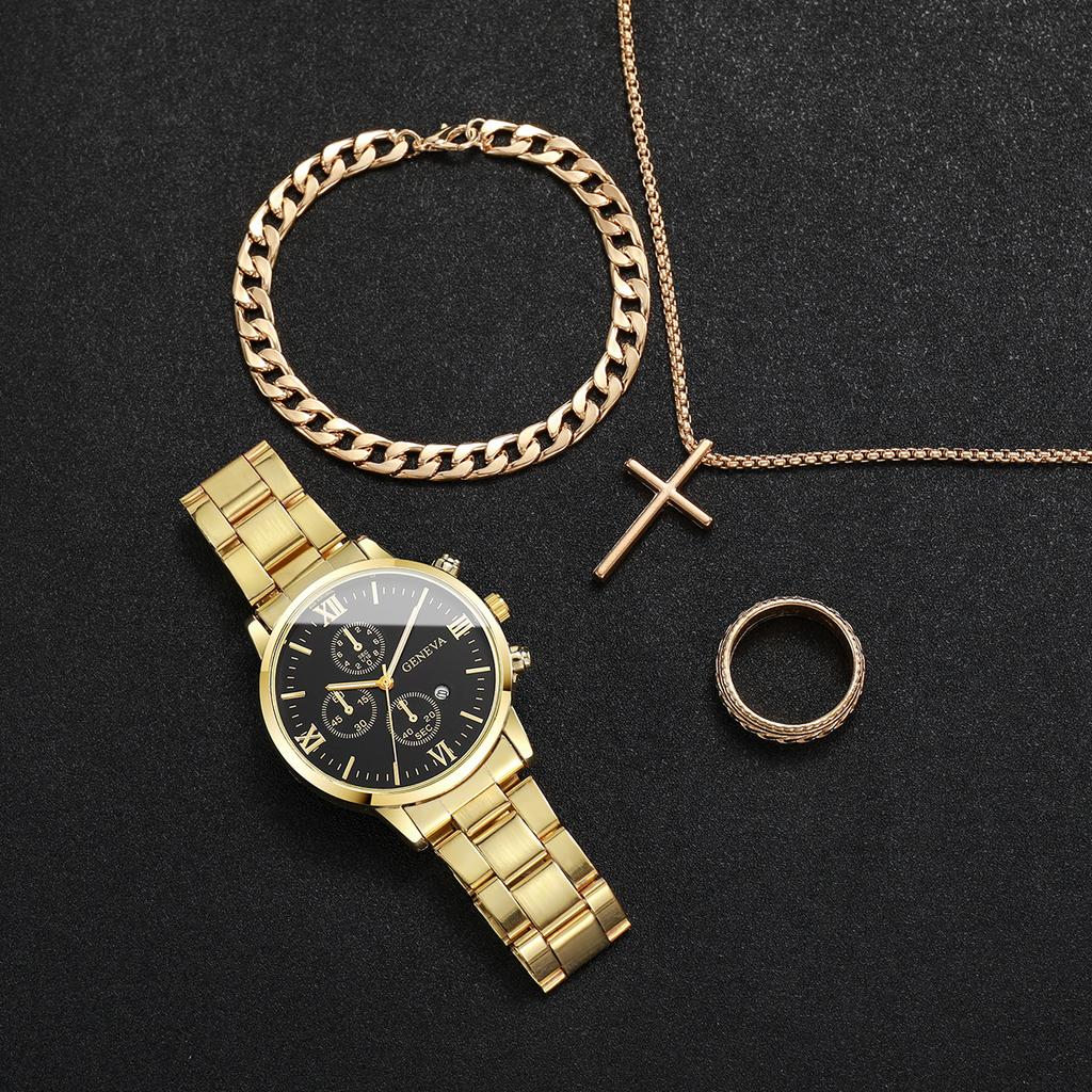 4pcs/set New Men's Trendy Watch Bracelet Necklace Ring Set Hip Hop Style Casual Men's Cool Quartz Watch Set (No Box)