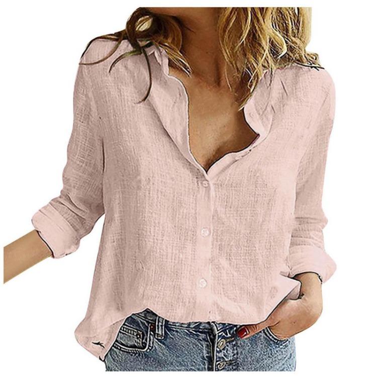 Blusa Casual de Lino para Mujer Ajuste Holgado Manga Larga Color Sólido Solapa Camisa con Botones Tops