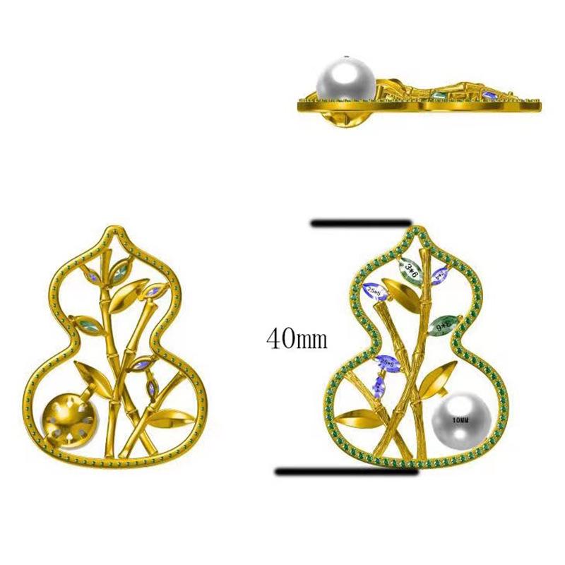 Chinese Style Gold-Plated Gourd and Bamboo Brooch with Zircon and Pearls