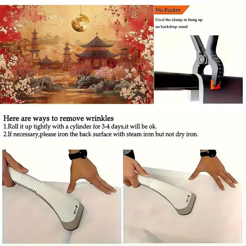 2D Elegant Chinese Pavilion Tapestry Red Floral Golden Moon Vintage Wall Decor Background