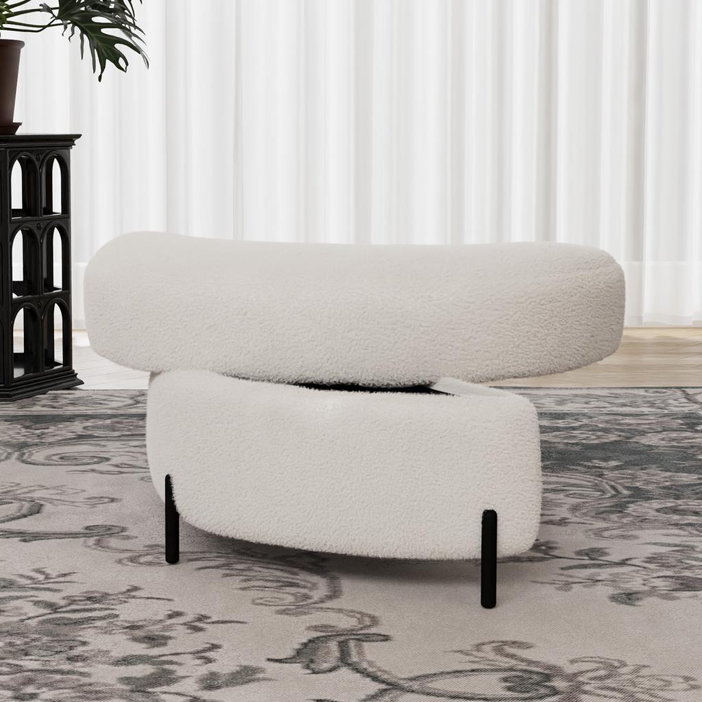Sherpa-Covered Half-Moon Storage Stool with Tray, Padded Seat, Dressing & Shoe Stool and Footrest for Living Room, Entryway & Hallway, Ivory