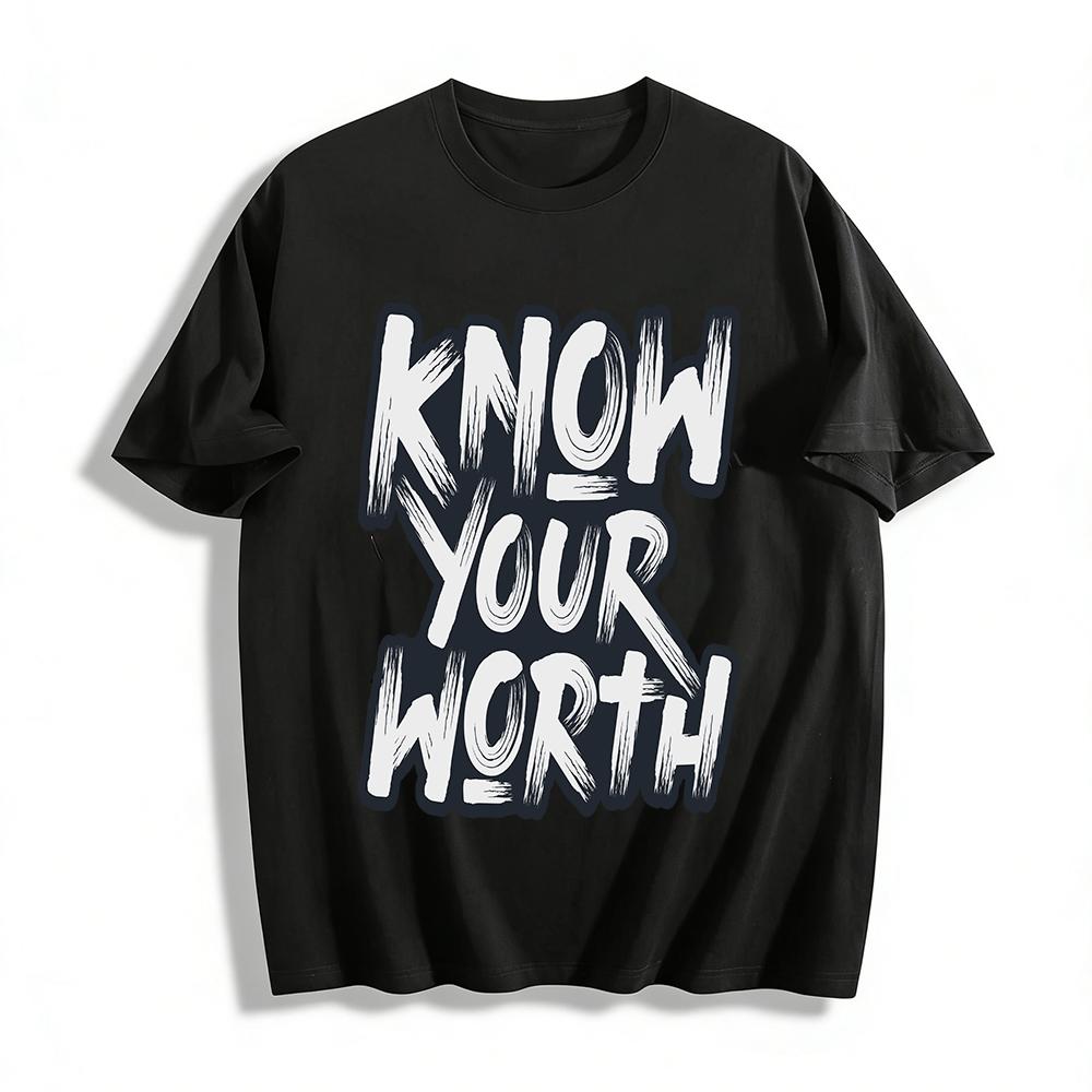 Vintage Know Your Worth Slogan Print Casual Loose Crew Neck Tee Pure cotton T-shirt XXS
