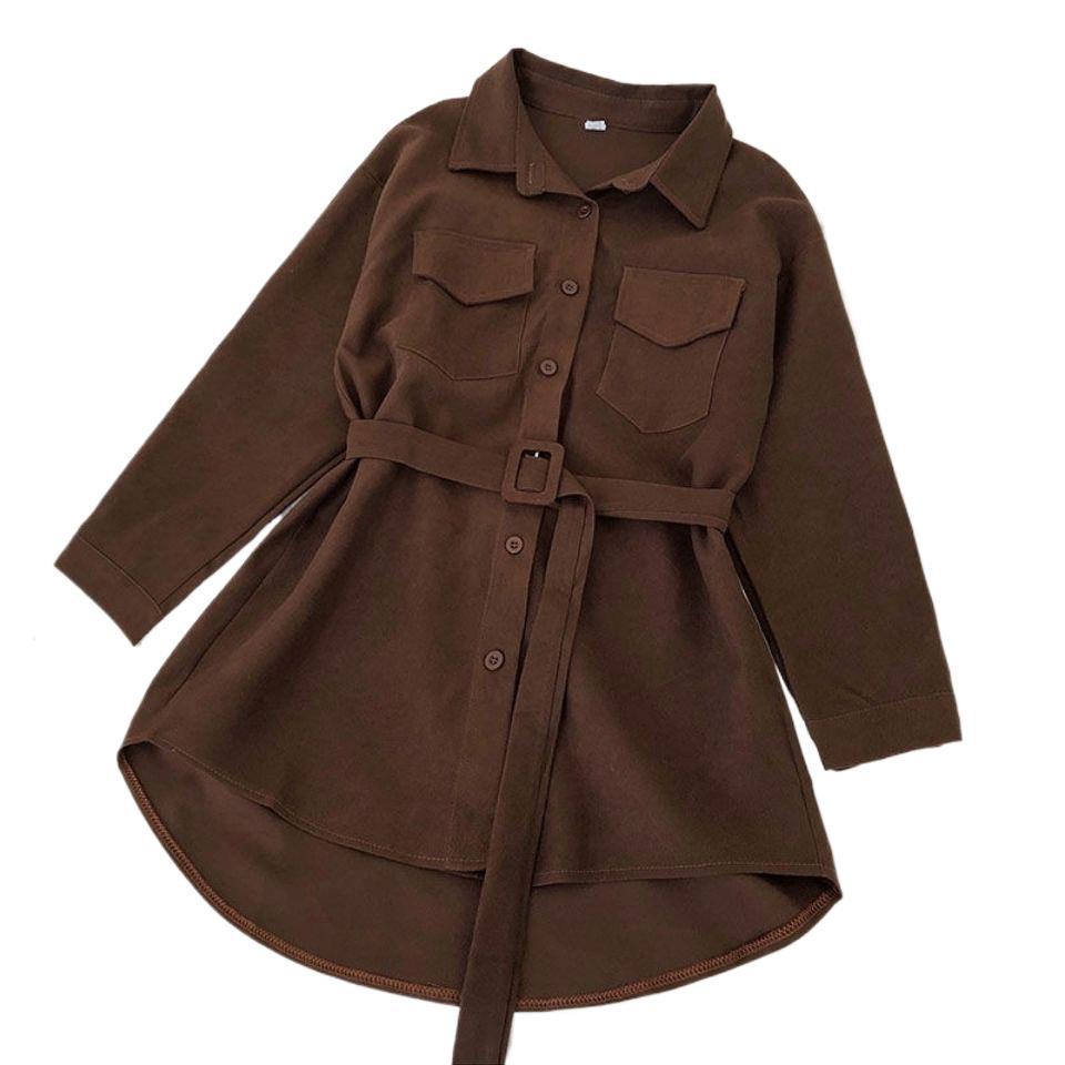 Women's Corduroy Belted Single-Breasted Shirt Dress - Chic Korean Style, Loose Mid-Length for Spring/Autumn 2025