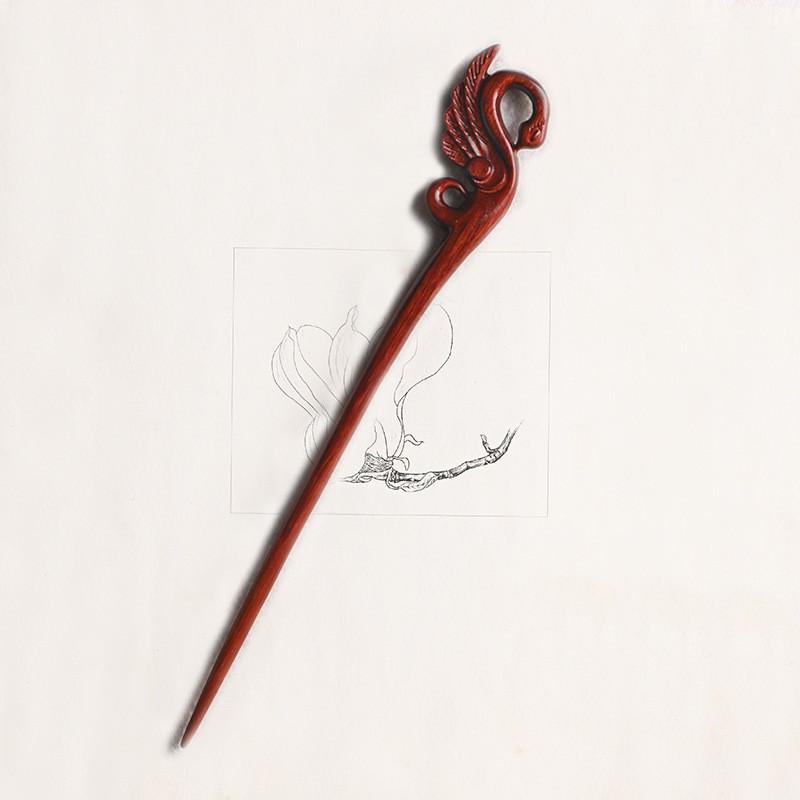 Red Sandalwood Women's Retro Hanfu Hairpins: Hollow Carved Moon Rabbit Wooden Ornaments