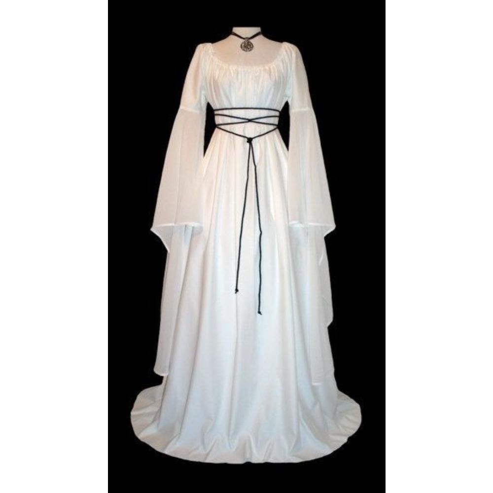 Damen Rundhals Langarm Maxikleid Schmal Geschnitten Hohe Taille Gotisches Mittelalter Kostümkleid