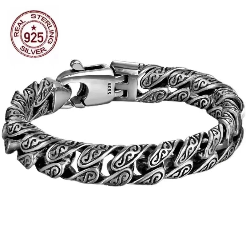 Bracelet Rétro Hip Hop Personnalité Motif Herbe Tang en Argent Sterling S925 Authentique pour Hommes et Femmes Bijou Certifié Mode Cadeau