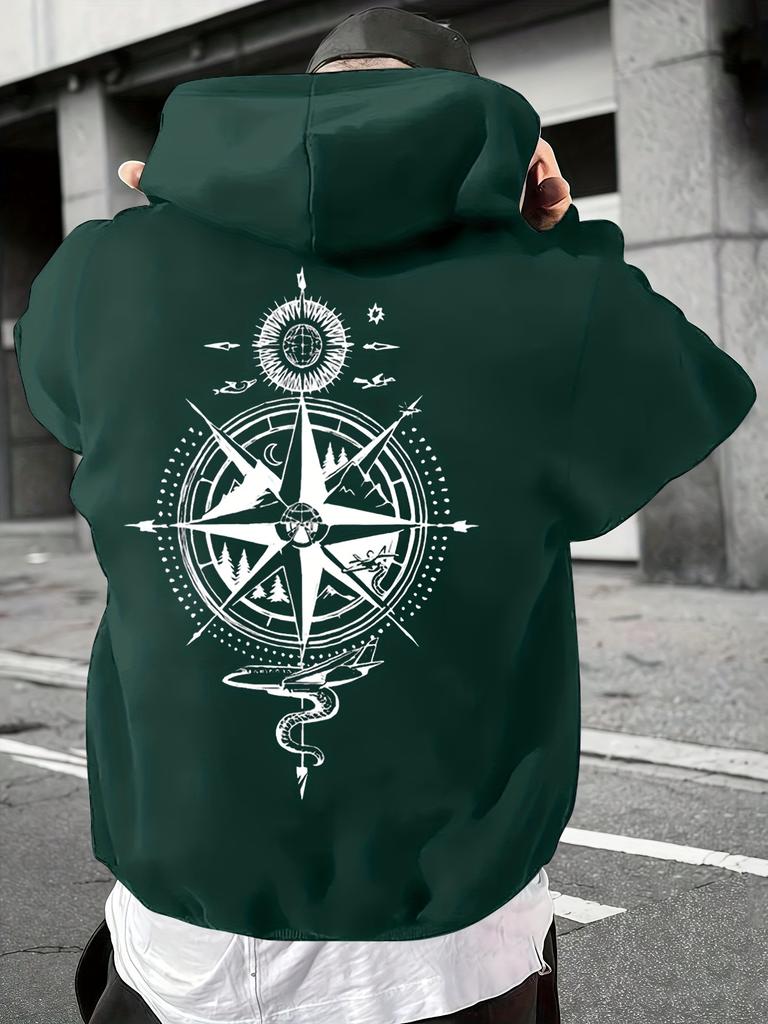 Pullover Hooded Sweatshirt Unisex Men Women Compass Graphic Print Hoodie Streetwear Long Sleeve Tops With Kangaroo Pocket