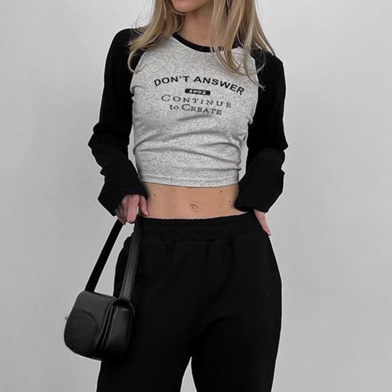 European and American Autumn and Winter Women's Street Letter Printed Contrasting Long Sleeved Crop Top T-shirt Round Neck Basic Top