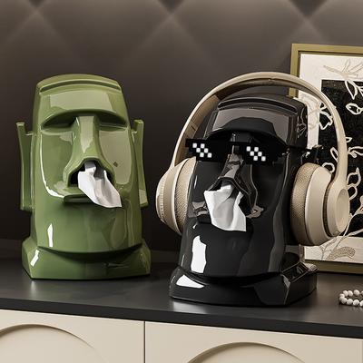 Moai Tissue Box Holder with Headphone Holder, Suitable for Living Room, Bedroom and Other Desktop Storage Boxes