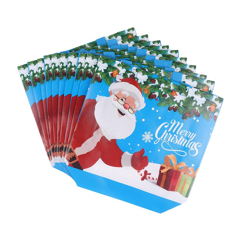 10Pcs Tote Bags Santa Elk Snowflake Tote Bags Thickened Non-Woven Printed Waterproof Bags Christmas Gift Decoration Bags