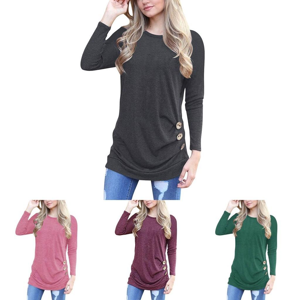 Fashion Women Long Sleeve Casual Blouse Stylish Tunic With Brown Button Accents