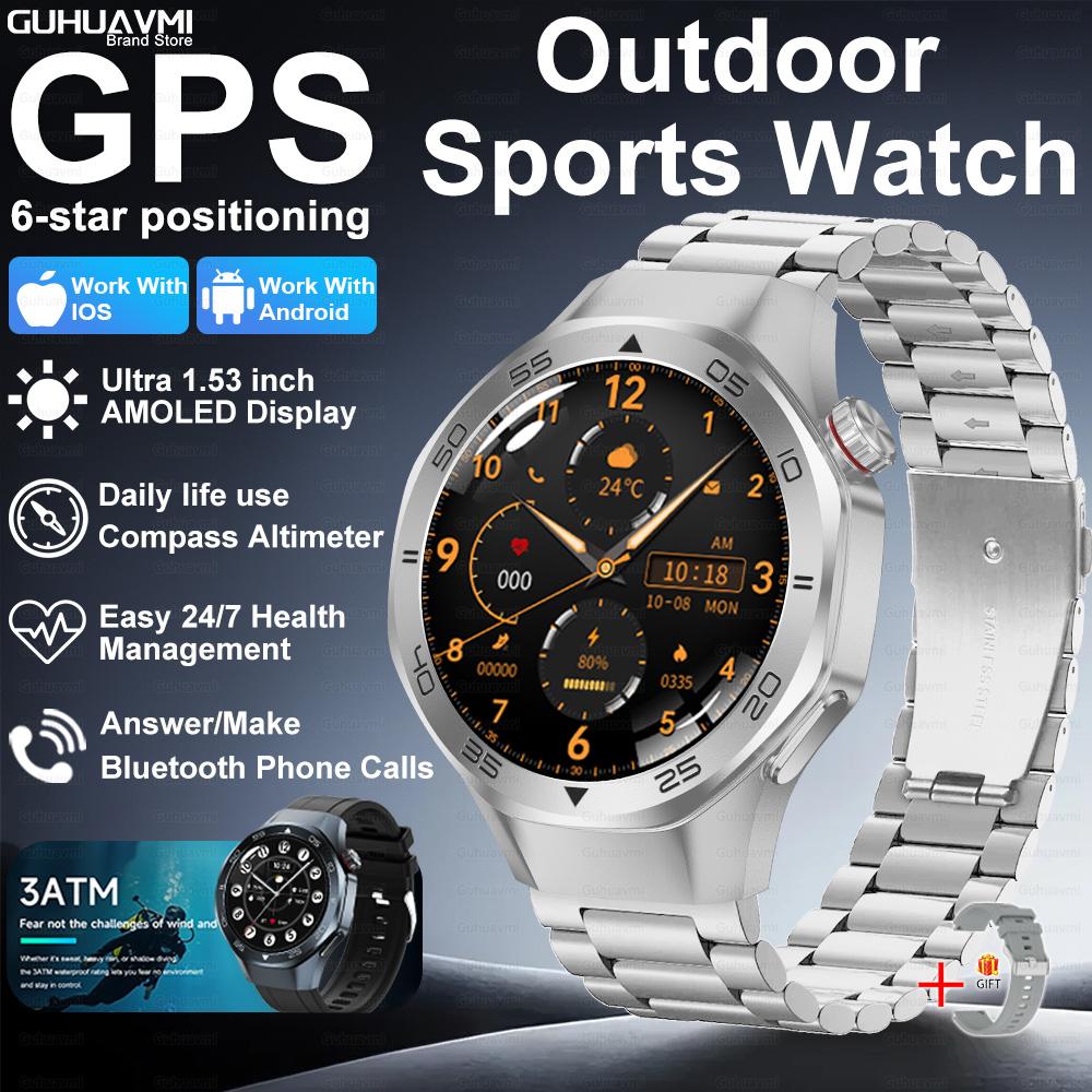 New GPS Position Smart Watch Men 1.53'' AMOLED HD Screen Compass Heart Rate 3ATM Waterproof Call Sports Business Smart Watch