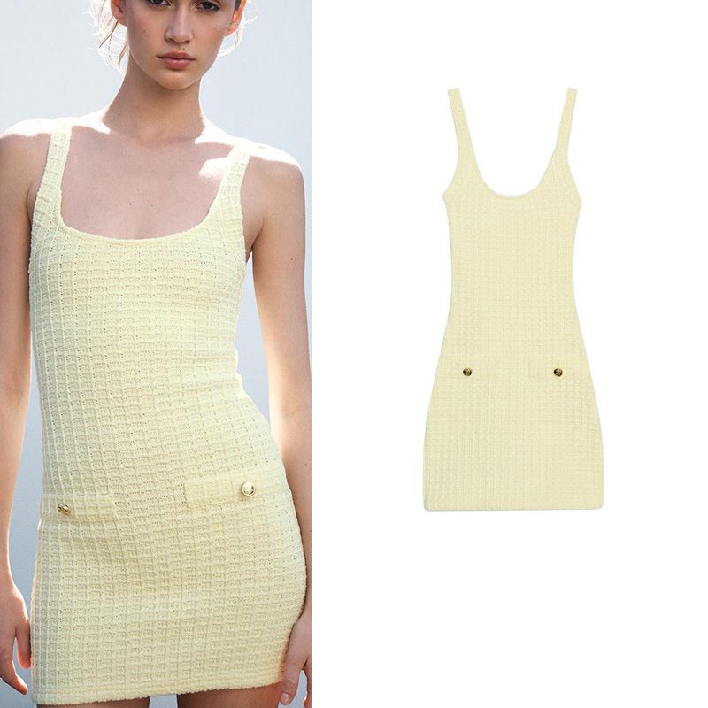 Summer New Product Women's Clothes Romantic Style Fastener Decoration Stretch Crew Neck Wide Shoulder Strap Short Dress 5063343