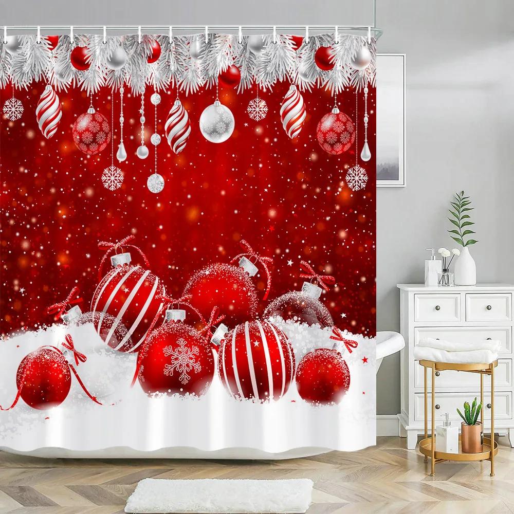 Red Christmas Shower Curtain Xmas Tree Print Bath Home Decor Winter Holiday New Year Bathroom Curtains Hooks Made Of Polyester Washable Washroom Ready