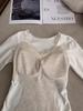 Women's Velvet Lace Base Layer Shirt - White V-neck Long Sleeve Top with Built-in Bra Pads for Autumn/Winter