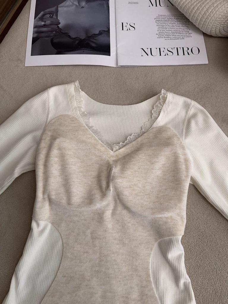 Women's Velvet Lace Base Layer Shirt - White V-neck Long Sleeve Top with Built-in Bra Pads for Autumn/Winter