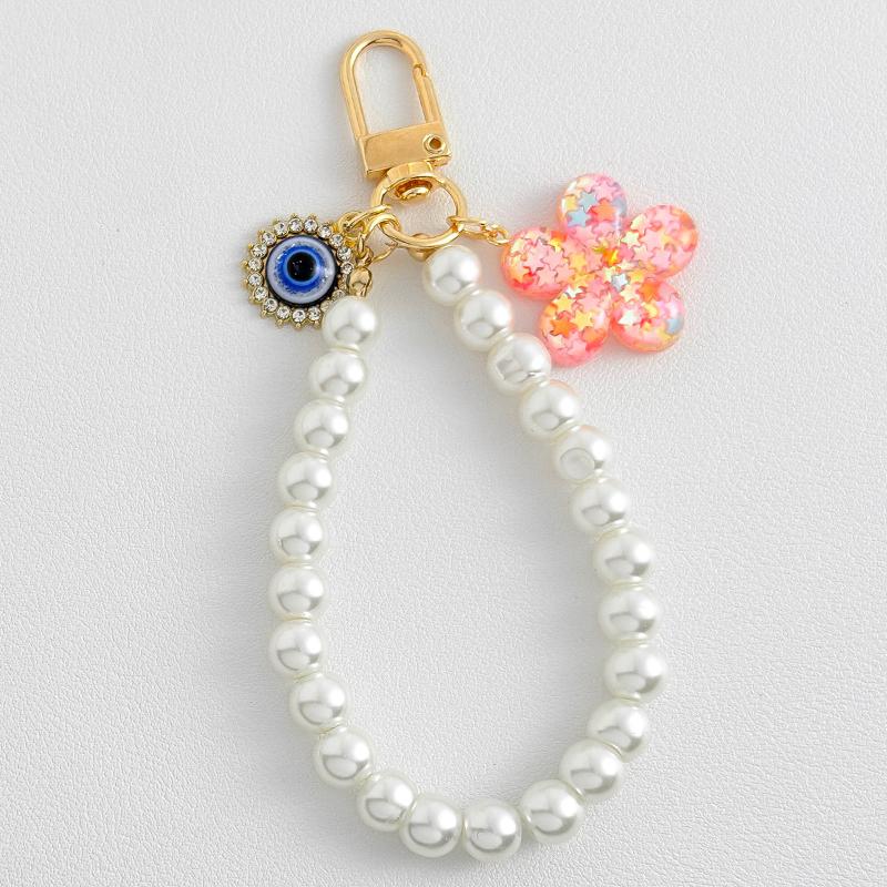 Pink Love Heart Key Chain Pearl Flower Pendant Key Ring Pendants For Women Girls Handbag Decor Jewelry Gift