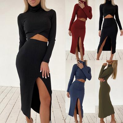 Women Casual Suit New Fashion Autumn/winter High Neck Long Sleeved T Shirt + High Waist Bag Hip Split Skirt Ladies Solid Color Slim 2 Piece Set