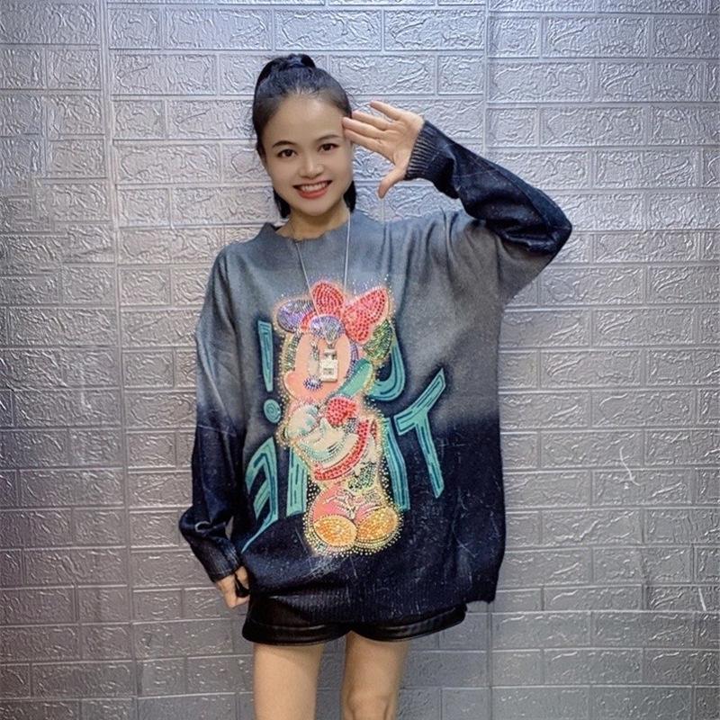 Chic Rhinestone Knit Sweater - 2026 Autumn/Winter Plus Size Slimming Top for Middle-aged Women