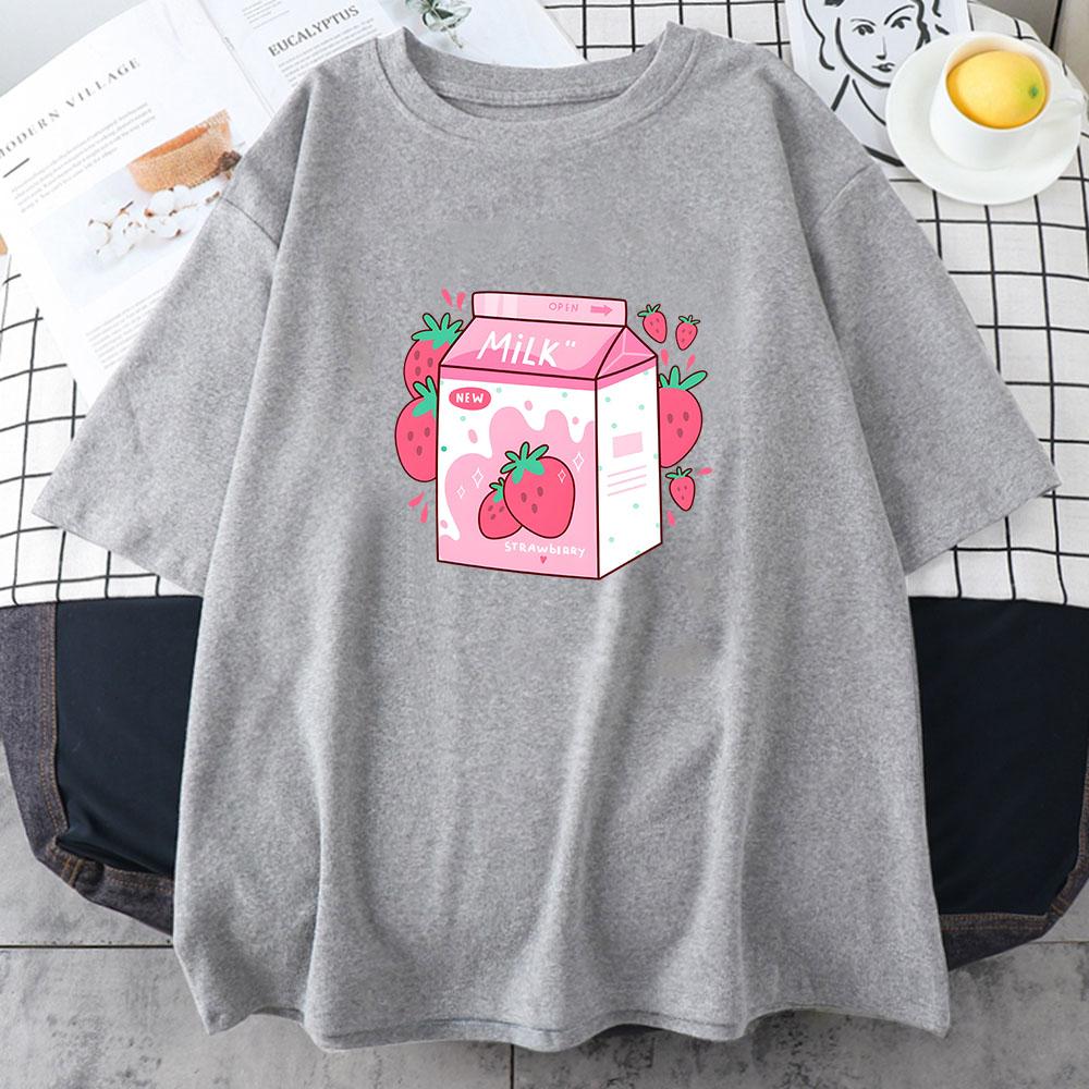 Strawberry Milk Cartoon Printing Teeshirt Casual Short Sleeve Oneck Tshirts Cotton Soft High Quality Tshirts Women Girls Tees