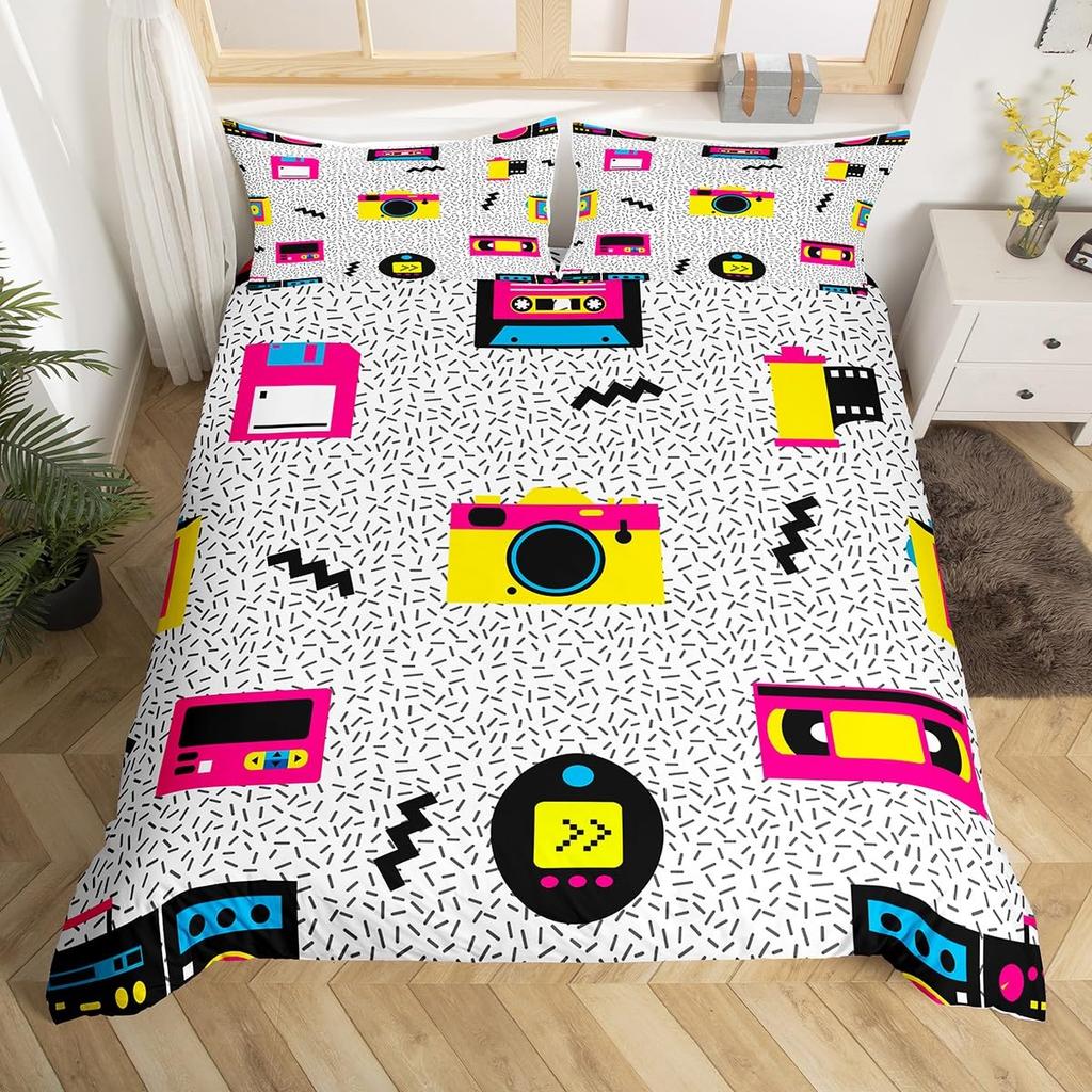 Cassette Tape Duvet Cover Twin Queen Vintage 80S 90S Memphis Comforter Cover Geometric Checkered Triangle Lightning Bedding Set